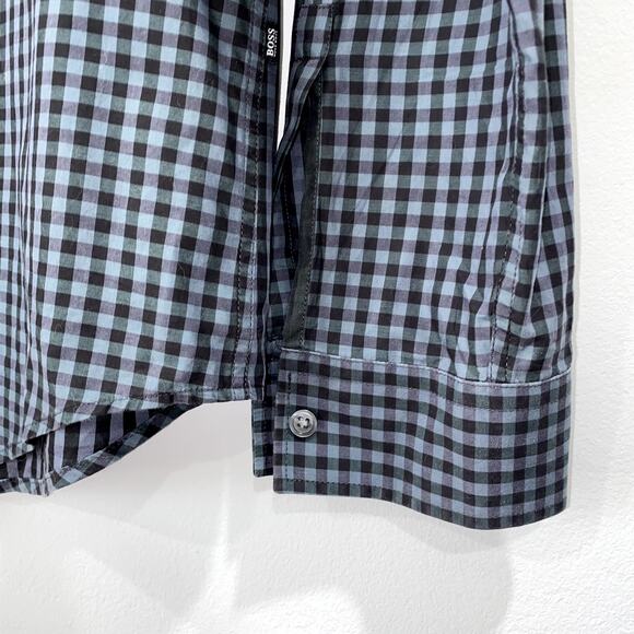 Hugo Boss Men's Slim Fit Checkered Dress Shirt Blue Gray Gingham Long Sleeve M - Picture 7 of 11